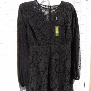 Alexia Admor Black Floral/Polka Dot Sheer Sleeve Dress Women's 8 NWT